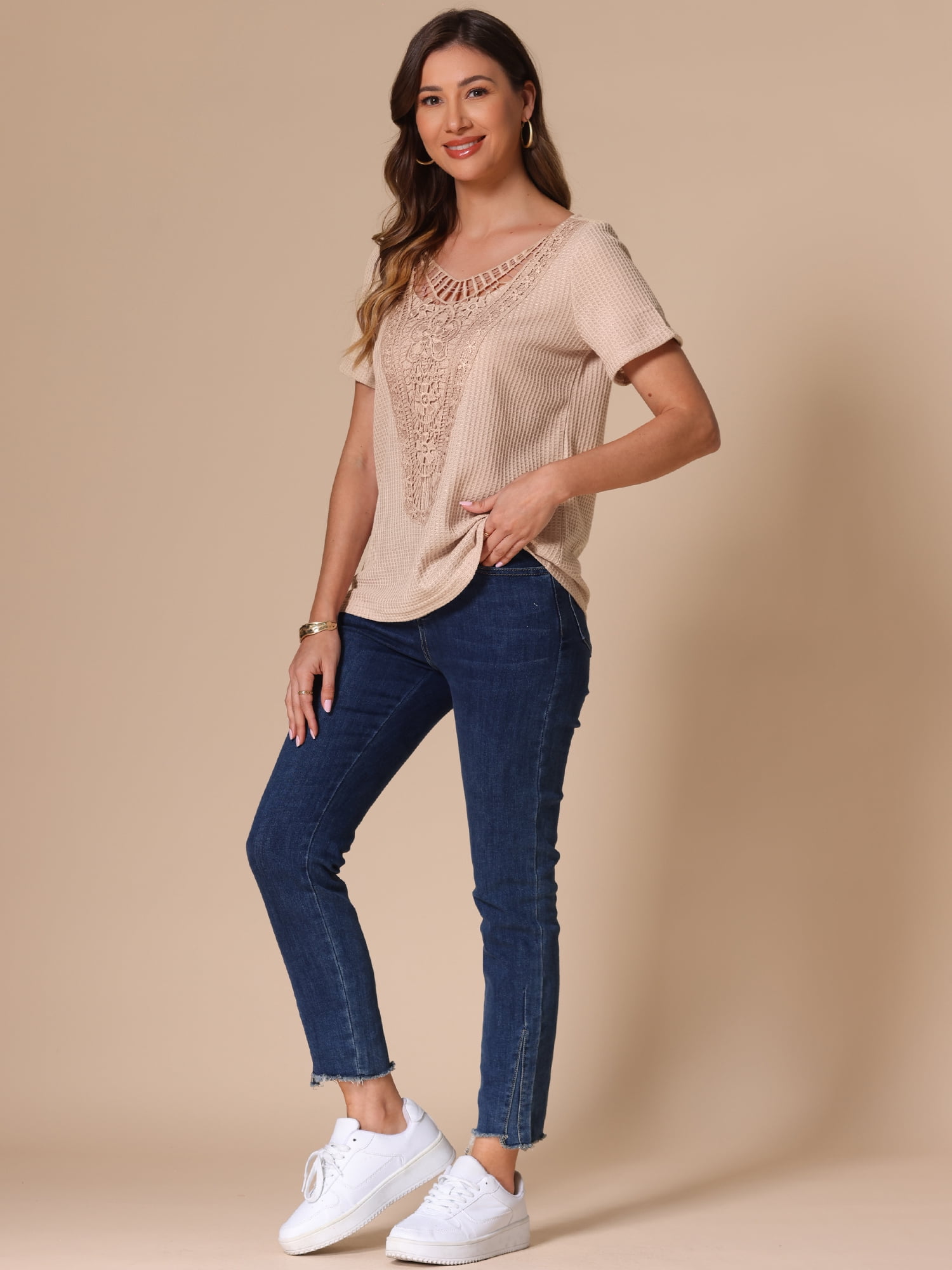 DARING DIVA Women's Casual Short Sleeve Lace Trim Round Neck Top S Beige
