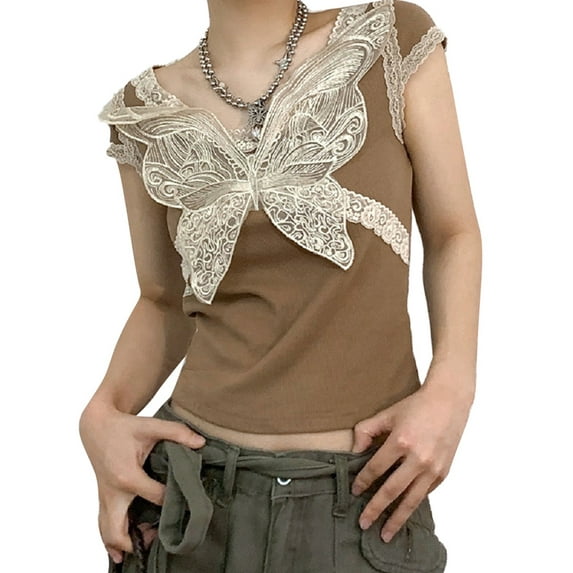 hirigin Women Slim Fit T-shirt, Khaki V-neck Short Sleeve Butterfly Lace Hem Cropped Tops, S/M/L