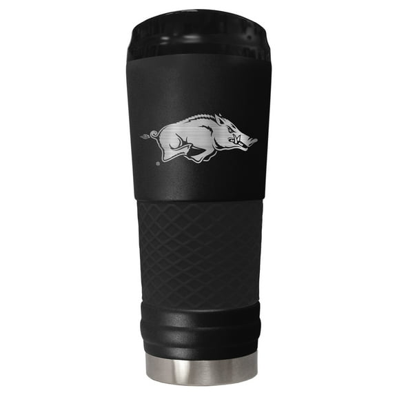 Arkansas 24 ounce vacuum insulated stainless steel tumbler in black powder coat and laser etched team logo