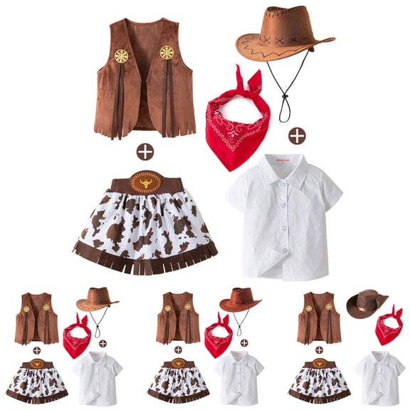 4 Piece Girls Cowboy Print Costume Vest Skirt Scarf And Hat Set Cute Western Style Party Outfit Fashionable For Kids,Khaki,80