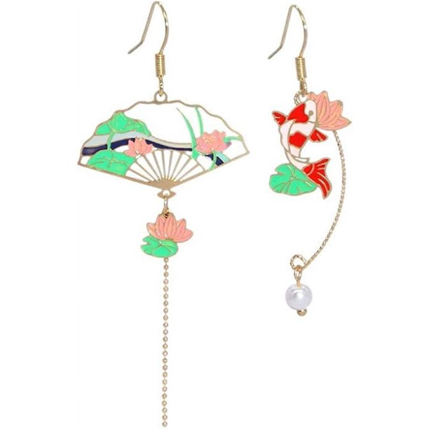 Pendientes de abanico asimétricos, pendientes de gota sectorial, pendientes colgantes de abanico pequeño, lindos aretes étnicos retro, color verde -