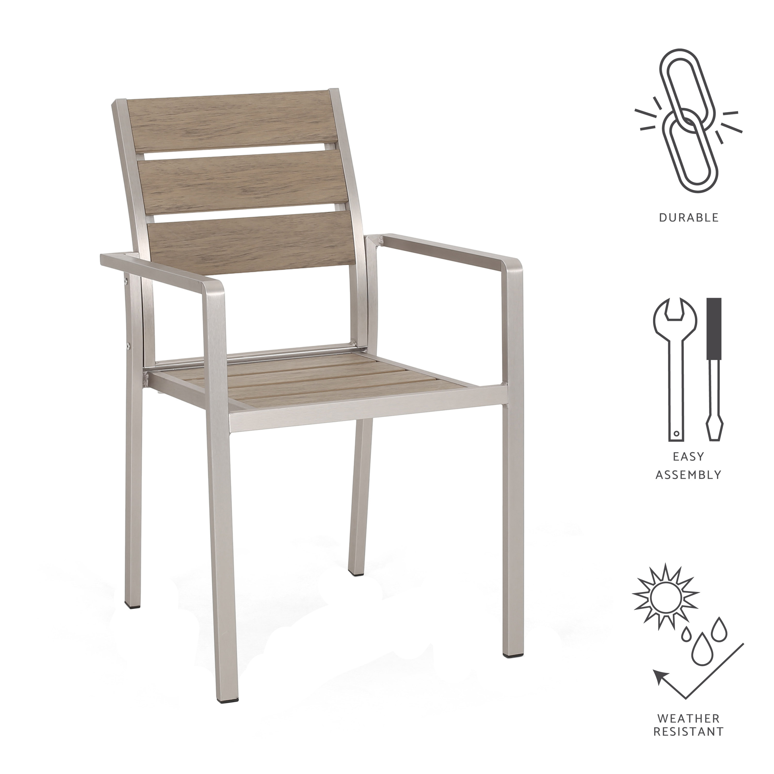 GDF Studio Cherie Outdoor Modern Aluminum Dining Chair with Faux Wood Seat (Set of 2), Natural and Silver - image 3 of 12