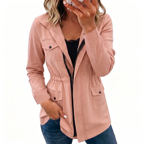 thefmos Women's Hooded Zip Up Long Sleeve Jacket Slim Fit Windproof Trench Solid Color Casual Outerwear Fashion Fall Winter Outfit, Pink L
