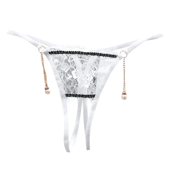 Panties for Women,Japanese Transparent Lace Low Waist T-Back Panties For Women Featuring Pearl Pendant Detail,Womens Underwear,White,One Size