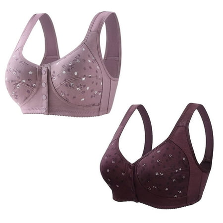 2PC Women Wireless Bras Comfort Back Support Floral Lace Bra Adjustable Wider Straps Full Coverage Lift Up Minimizer Bras Purple 3 42B
