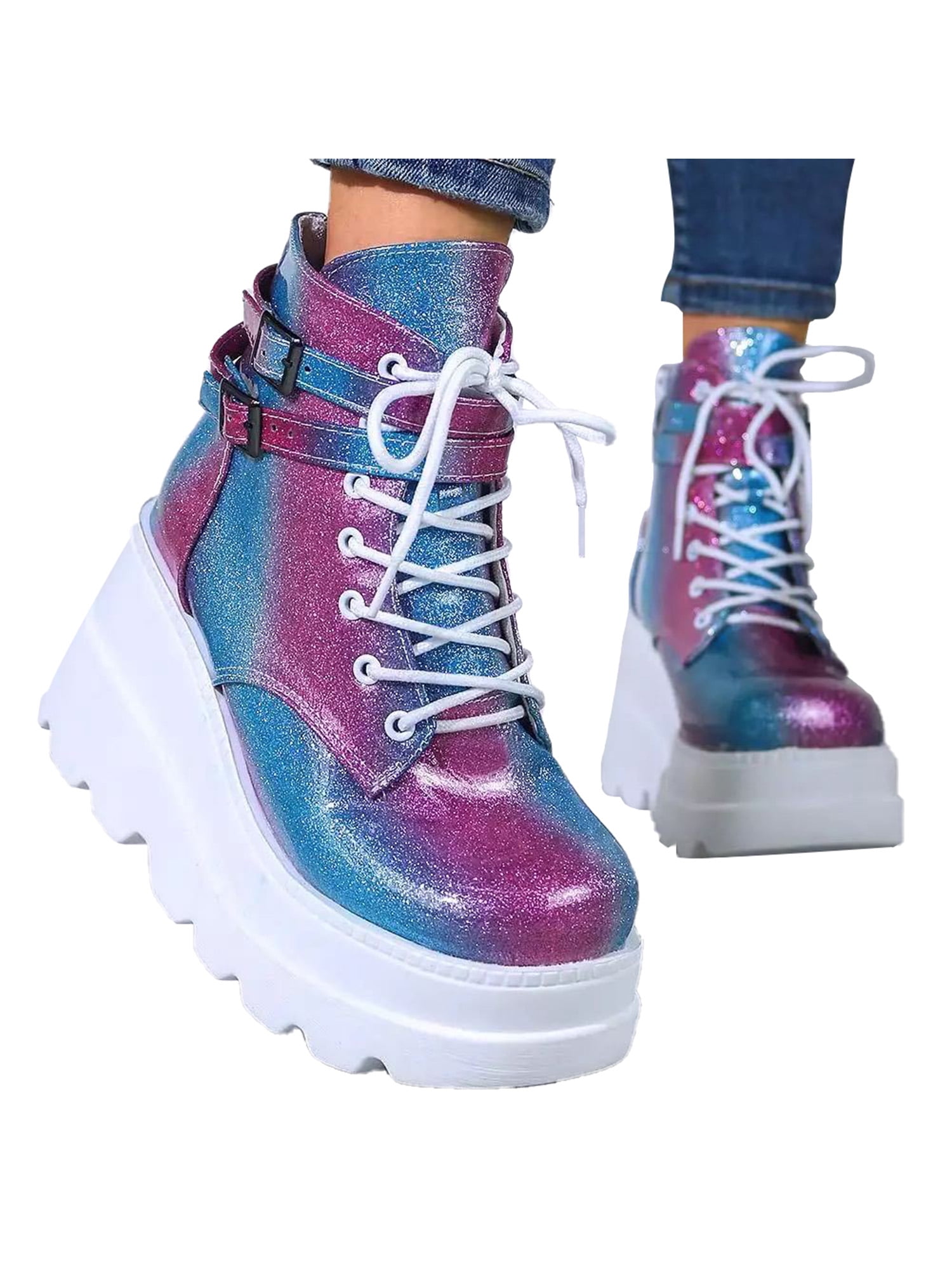 Fashion Women's Platform Wedge Heels Punk Lace up Ankle Boots Punk Shoes size 