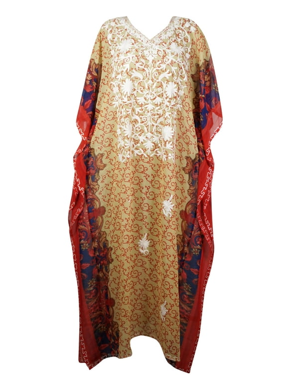 Mogul Women Embellished Maxi Dress Caftan Georgette Floral Embroidered Cover up Kaftan 3XL