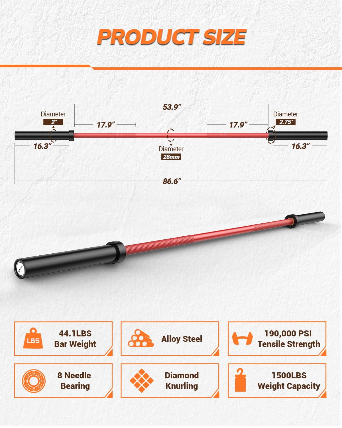 7ft Olympic Barbell Bar, 44LB Load 1500 lbs Capacity, Weight Bars for Gym Home Exercises, Weights Lifting, Squat, Powerlifting, Bench Press Bar Fit 2" Plates