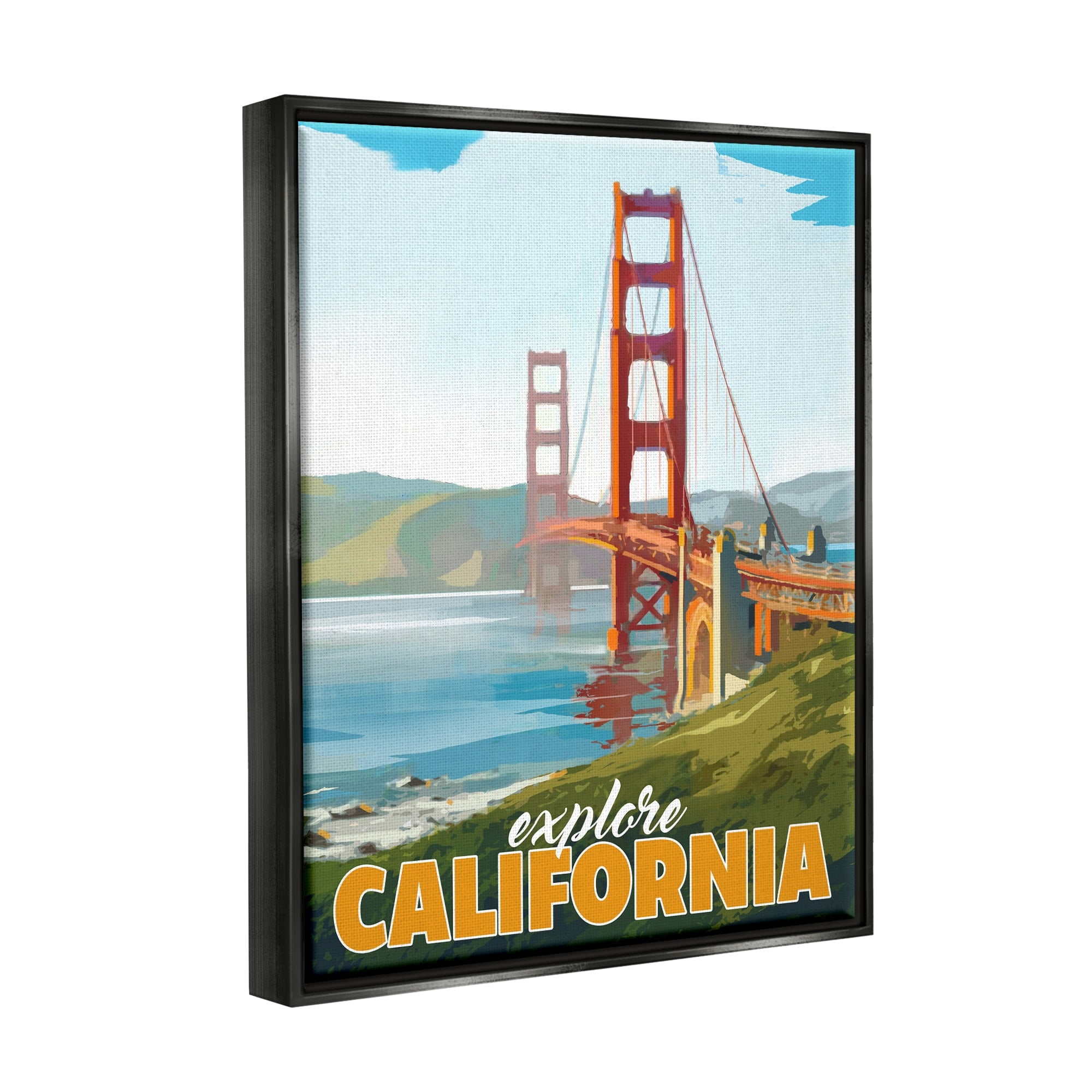 Stupell Industries Explore California Water Bridge Distant Meadows Scenery Graphic Art Jet Black Floating Framed Canvas Print Wall Art, Design by David Owens Illustration