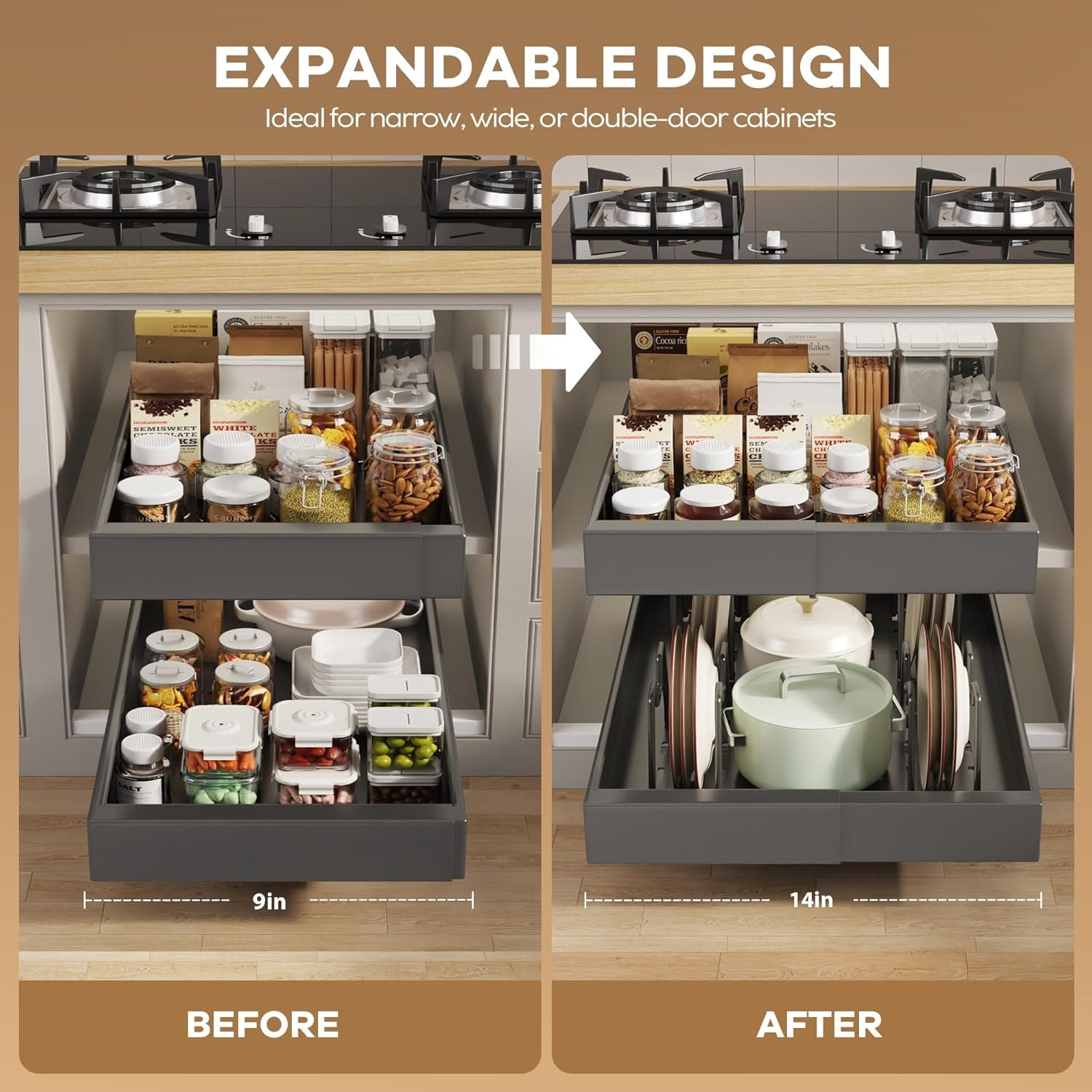 2 Pack Pull out Cabinet Organizer 21" Deep With Raising Pad for Framed Cabinets, Expandable (9"-14" W) Slide out Drawers for Kitchen Cabinets with 4pcs Divider Racks, Roll out Shelves, Black