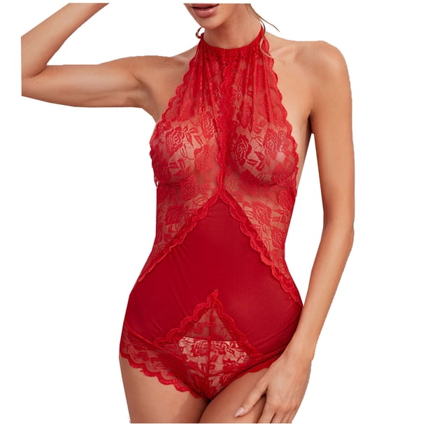Body de encaje sexy para mujer Sexy Halter Lace Splicing Ropa interior Pijama de hilo de red Fridja nalpqowj10819