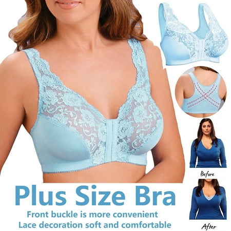 

DENGDENG Women Soft Push Up Front-Closure Bra Plus Size Floral See Through T-Shirt Bra Sexy Lace Underwire