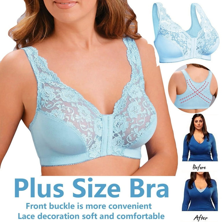 UoCefik Women's Front Closure Bras Seamless Plus Size Lace Floral Push Up  Bra Blue XL 