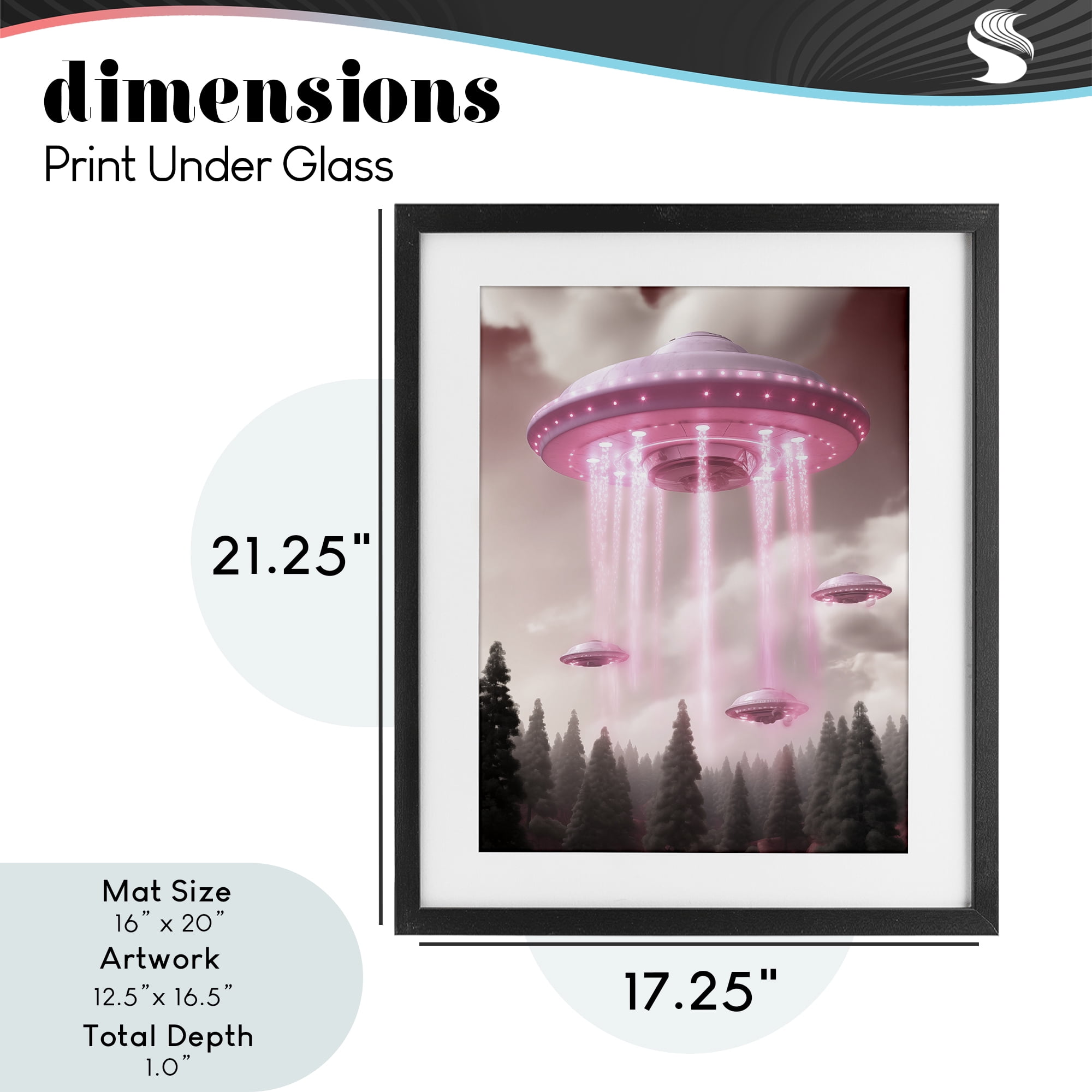 Glam UFO with Pink Beams Black Framed Print Under Glass, design by Sasha