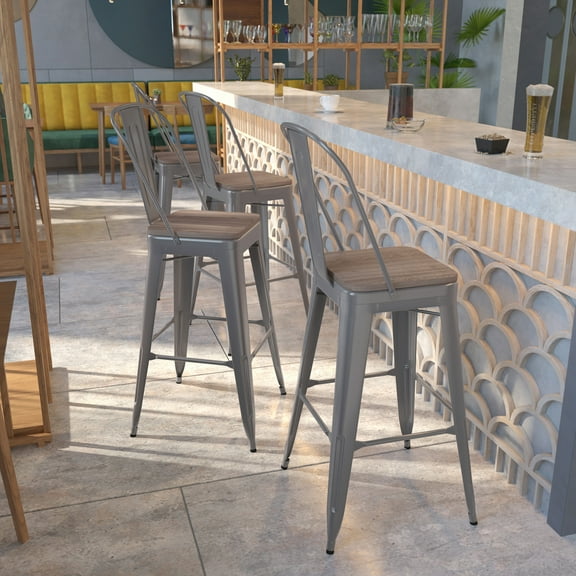 BizChair 4 Pack 30'' High Silver Antique Finish with Clear Coat Indoor Barstool with Back