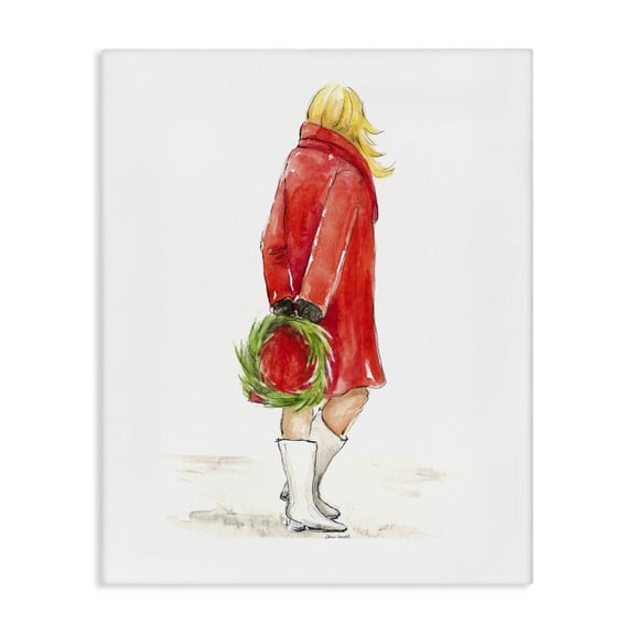 Stupell Industries Traditional Glam Fashion Red Jacket Christmas Woman with Wreath Canvas Art, 16 x 20, by Lanie Loreth