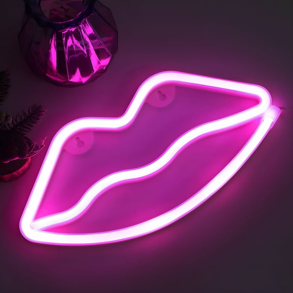 HIBIBUD Pink Lips Neon Lights,Neon Sign Girl's Wall Decor,3 AA Battery/USB Powered
