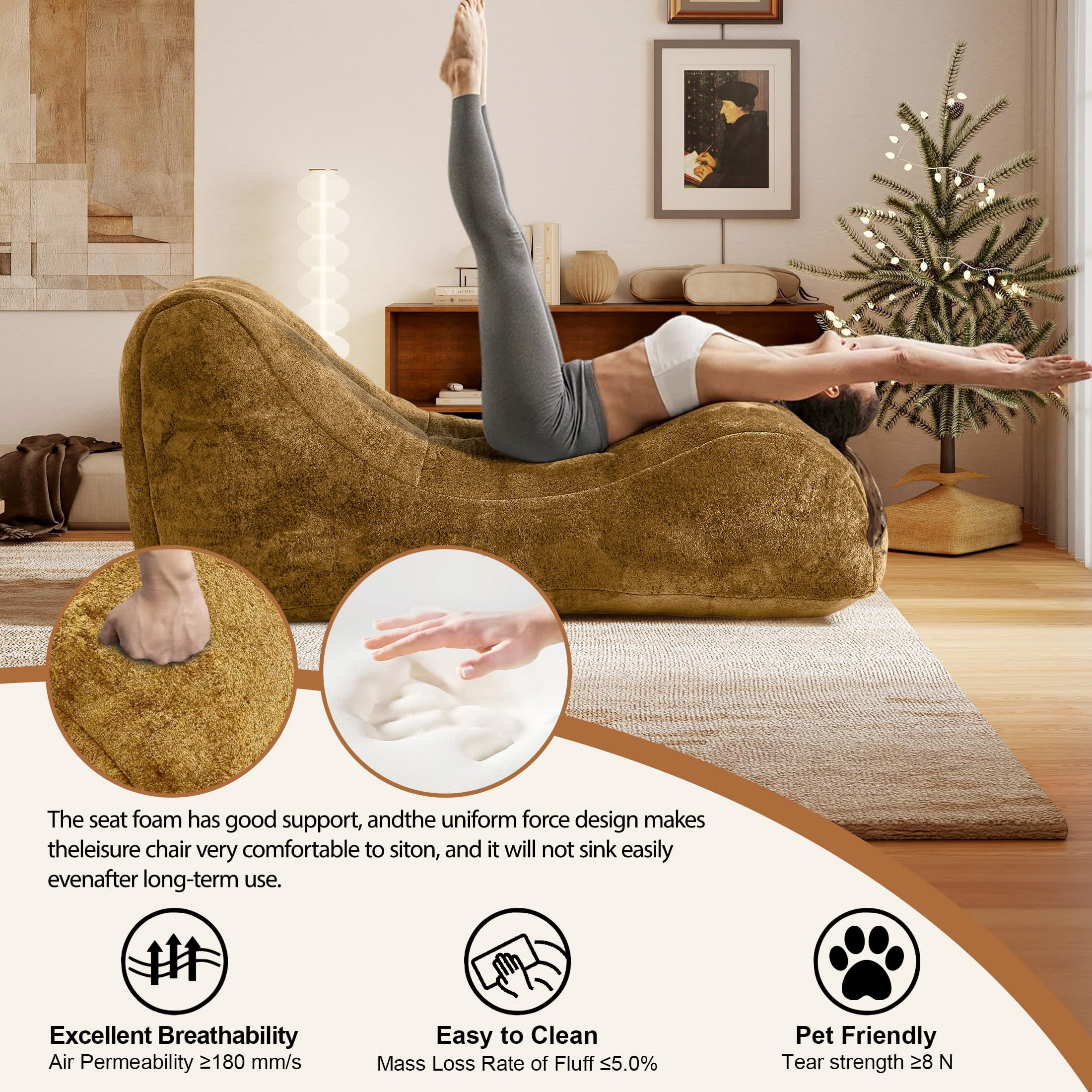 Aukfa Chaise Lounge, Bean Bag Sofa for Stretching, Relaxation, High Density Foam Recliner, Brown