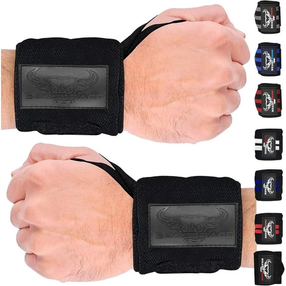 BEAST RAGE Weight Lifting Straps Wrist Wraps Fitness Padded Cotton Wrist Support Gel Advanced Grips Dumbbell Bar Wraps Heavy Duty Gym Bodybuilding Straps Power Deadlift Barbells (Full Black Wraps)