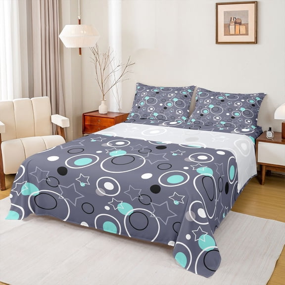 Manfei Cute Geometric Star Queen Sheets, Circular Dot Queen Sheet Sets, Gray Teal Black, Black Reversible 4 Pieces1 Flat Sheet + 1 Fitted Sheet + 2 Pillowcases