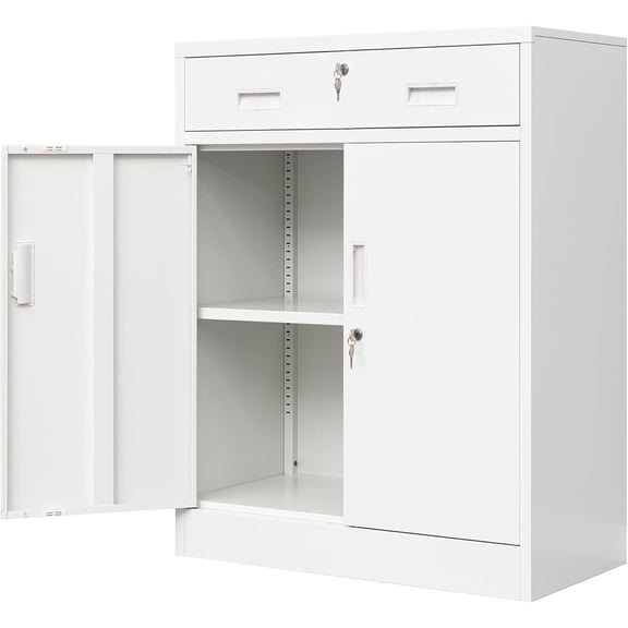 Metal Storage Cabinet, Locking Cabinet with 1 Drawer and Adjustable Shelf, 36" H x 28" W x 16" D Steel Storage Cabinet for Office, Garage, Home-White