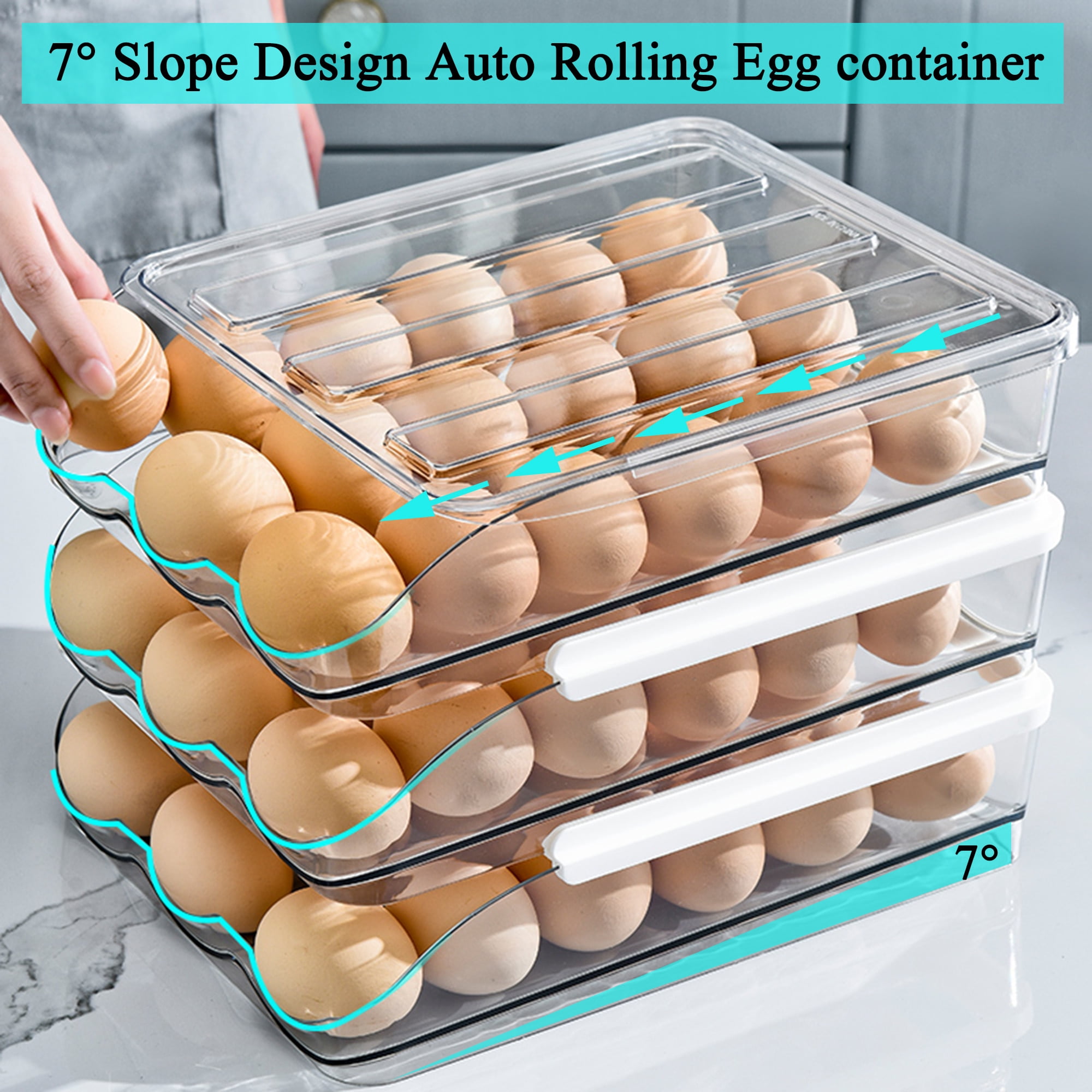Amikdis Auto Rolling Egg Holder For Refrigerator Large Capacity Egg Container Organizer Tray Bins Stackable Fresh Storage Box For Fridge Plastic Clear(3 Layers)