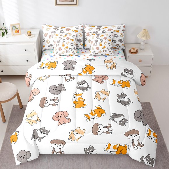 Erosebridal Funny Dogs Bedding Queen Size, Corgi Pug Dachshund Comforter Sets with Sheets, Pet Lovers Home Decor, Reversible 7-Piece