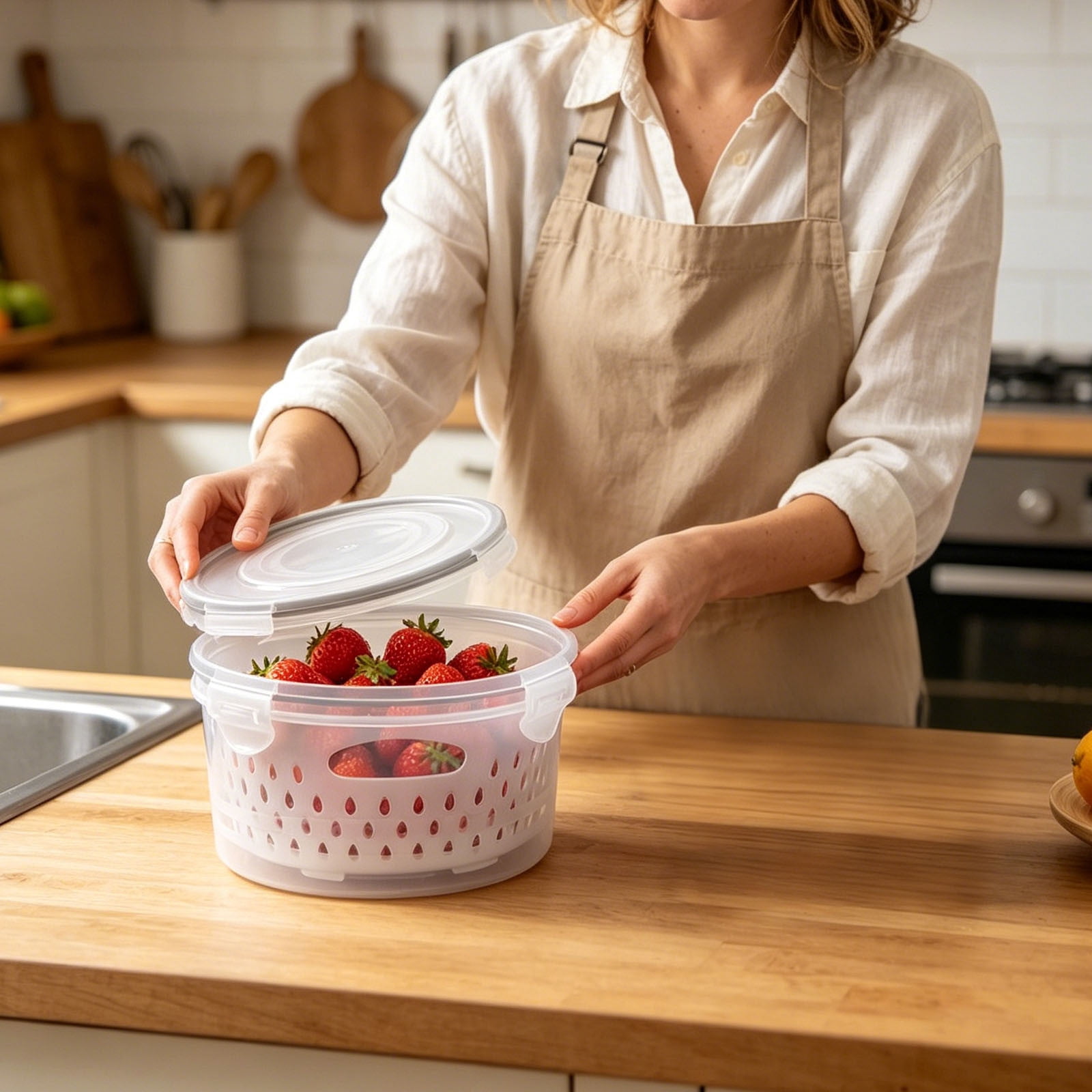 UJMNHYGT Large Fruit Containers for Fridge Round Leakproof, Food Storage Containers with Removable Colander, Dishwasher Microwave Safe Produce Container Keep Fruits Vegetables Berry Meat Fresh