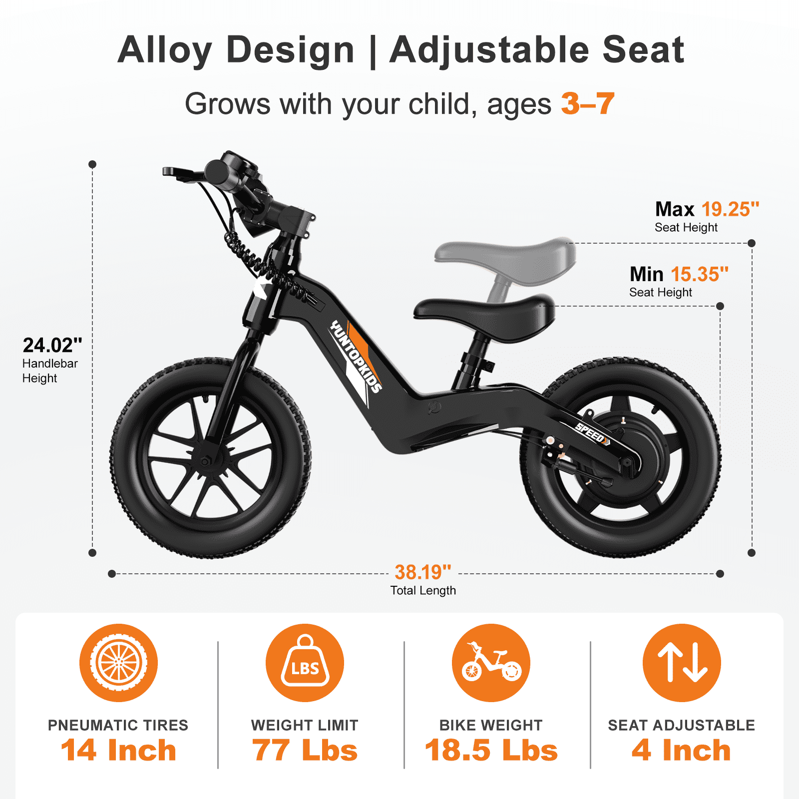 YunTopKids Electric Bike for Kids, 180W Motor Electric Balance Bike with 14 Inch Pneumatic Tires, up to 9.3MPH& 3 Speed Settings, Adjustable Seat for Ages 3-6,Black