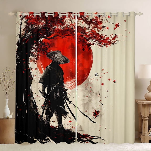 Castle Fairy Japanese Samurai Black Out Curtains for Kids Teens Adults,Black Red Maple Leaves Curtains Pack of 2 (42x63 Each),Exotic Style Bedroom Curtains,Luxury Bedroom Decor