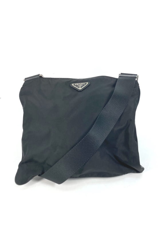 Pre-Owned PRADA Prada Triangle Logo Flat Shoulder Bag in Nylon with Plaque, Black (Good)