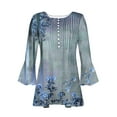 thumbnail image 4 of Blmnix Women’s T Shirts Floral Tunic Blue Gathered Waist Graphic Tees for Women Y2k 3/4 Sleeve V-Neck S Tops, 4 of 5