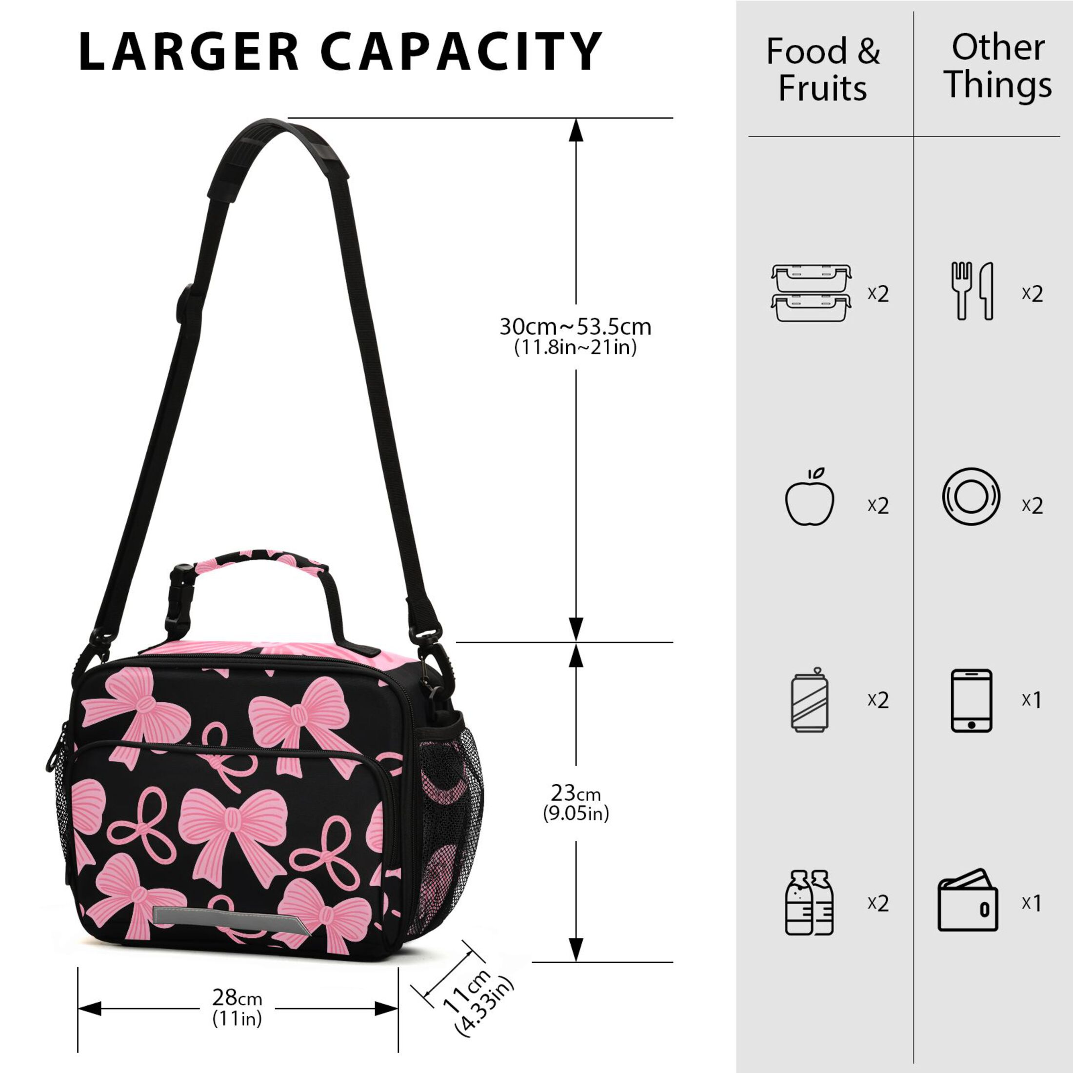 ALAZA Pink Bows Lunch Box Insulated Cooler Bag Reusable Tote Bags Shoulder Strap