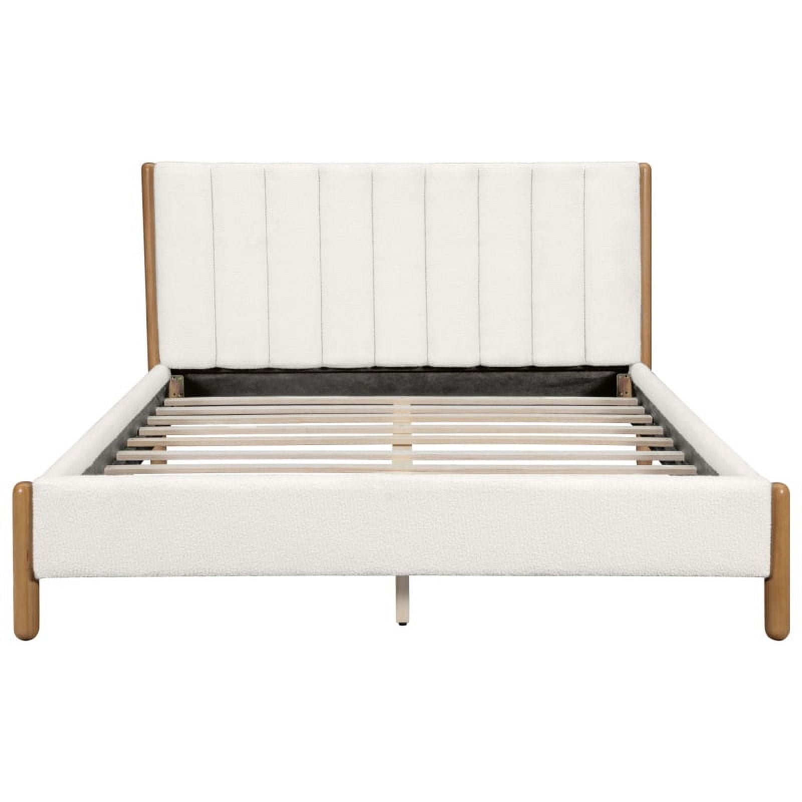 King Size Bed Frame with Boucle Upholstered Thick Headboard, Solid Wooden Legs, White