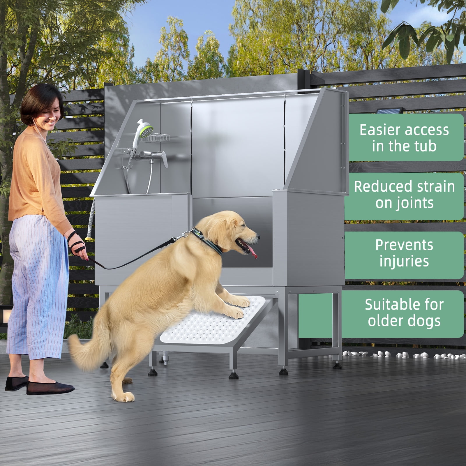 50" Dog Washing Station Professional Stainless Steel Dog Pet Grooming Bath Tub for Salon,Dog Bathtub with Ramp for Indoor Outdoor, Left Door