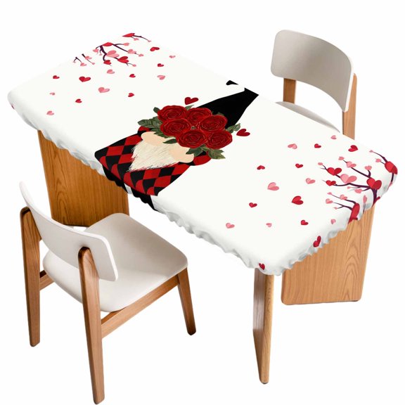 Red Valentines Day Table Cloths for 3 Foot Rectangle Tables, Red Love Heart Tree Patio Waterproof Elastic Fitted Tablecloths, Washable Rectangular Table Cover for Camping