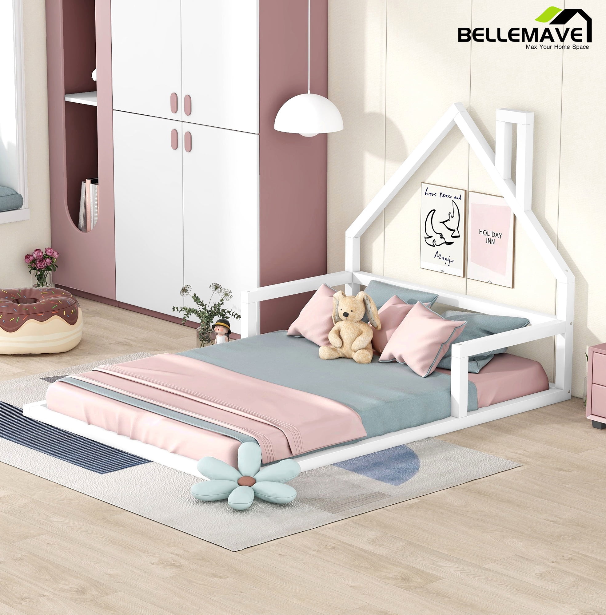 Bellemave Full Size Wood Floor Bed with House-shaped Headboard Montessori Floor Bed with Rails and Wooden Slats No Box Spring Needed, White