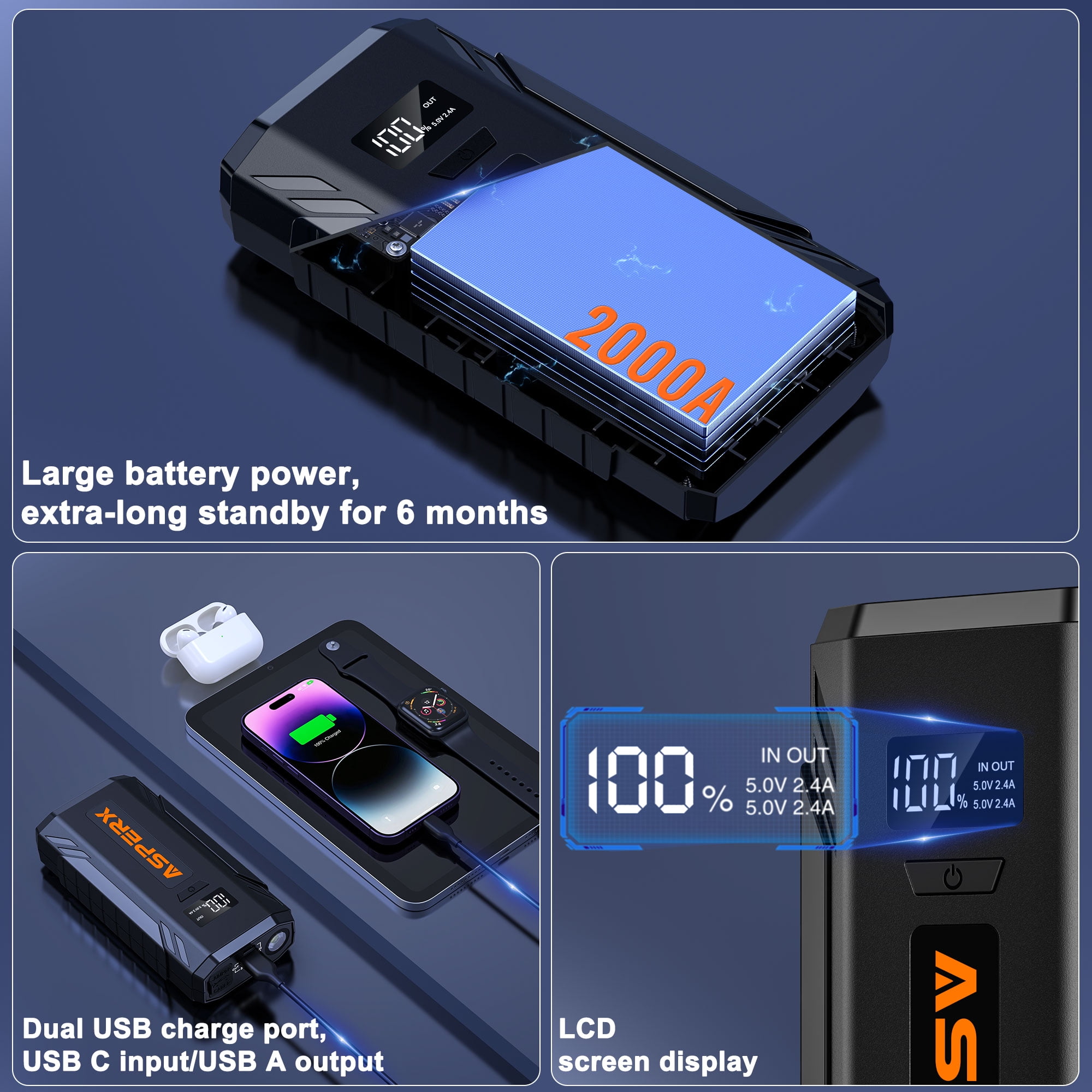 ASPERX Car Battery Jump Starter,2000A Peak Portable Jump Box for Car up to 8.0L Gas or 6.5L Diesel Engine, 12V Battery Power Booster with LED Light