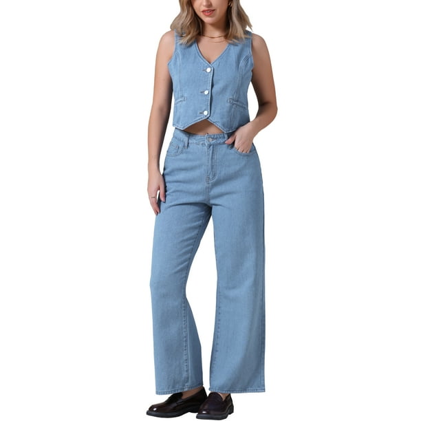 Conjunto de 2 piezas de chaleco de mezclilla y jeans de mujer INSPIRE CHIC, color azul claro L