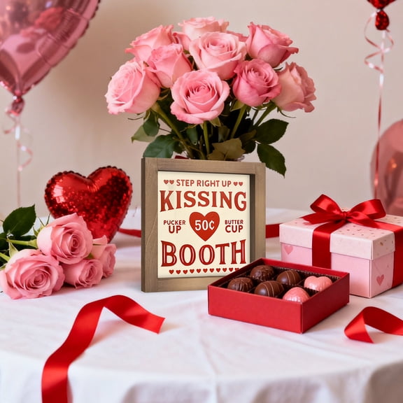 Kissing Booth Sign, 6" Wooden Valentines Day Coffee Bar Decor, Funny Valentine's Decorative Signage Plaque Indoor Table Wall Shelf Kitchen Desk Tiered Tray Rustic Farmhouse Home Decorations
