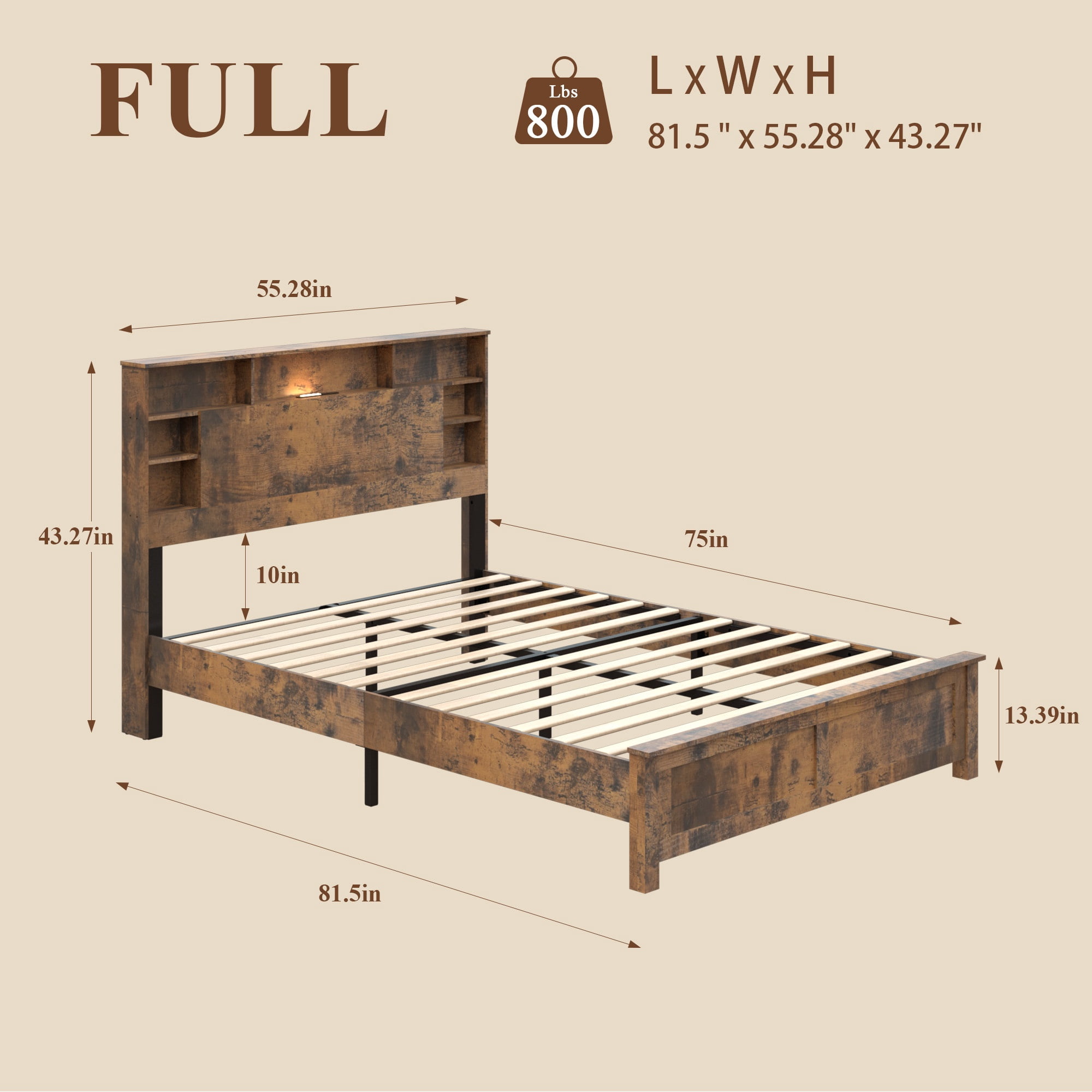 PORKISS Full Size Bed Frame with Storage Headboard, Charging Station and LED Lights, Rustic Brown Wood Platform Bed Frame with Bookcase Headboard, USB & Type-C Ports, No Box Spring Needed