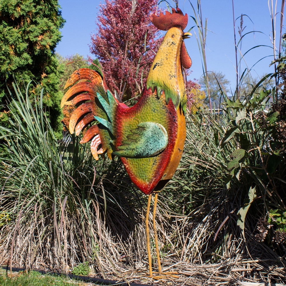 Backyard Expressions 63 Inch Bright Metal Rooster Garden Statue