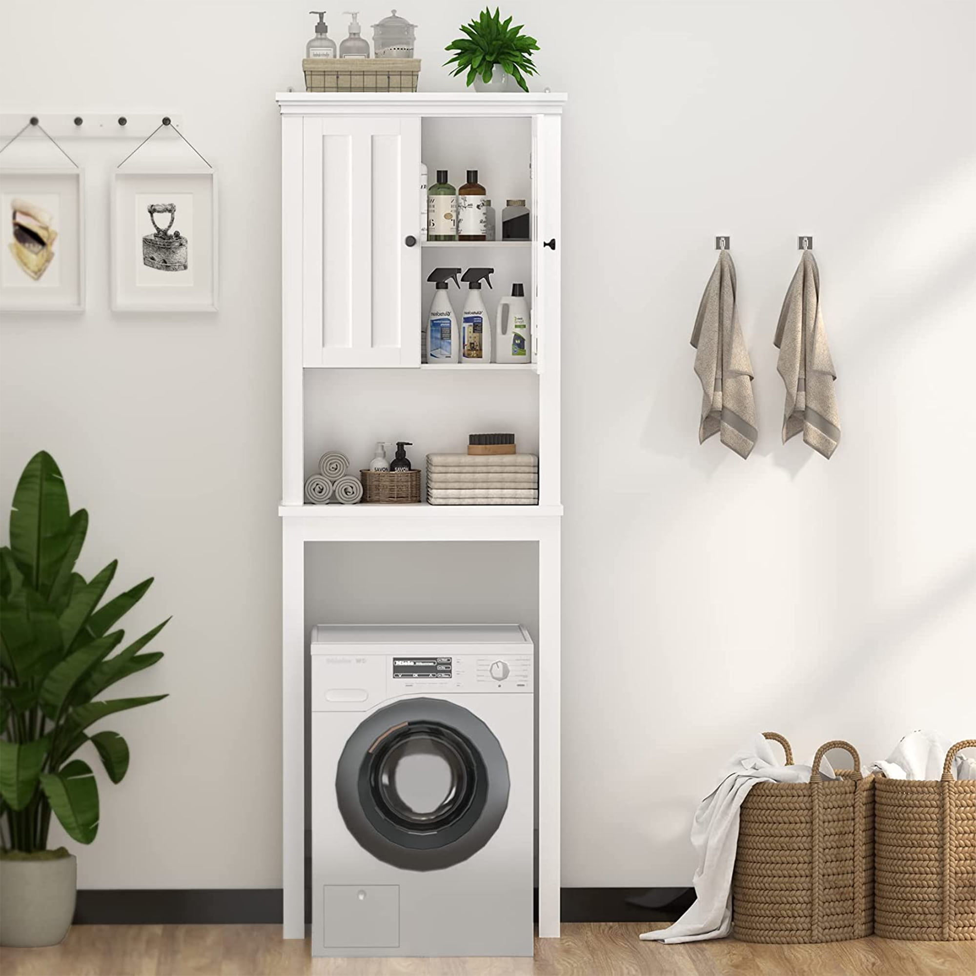 Legahome Bathroom Organizer Cabinet, Home Over-The-Toilet Storage with Adjustable Shelf and Open Shelf, Over Toilet Tall Bathroom Cabinet Heavy Duty Shutter Door Space Saver Storage Rack, White