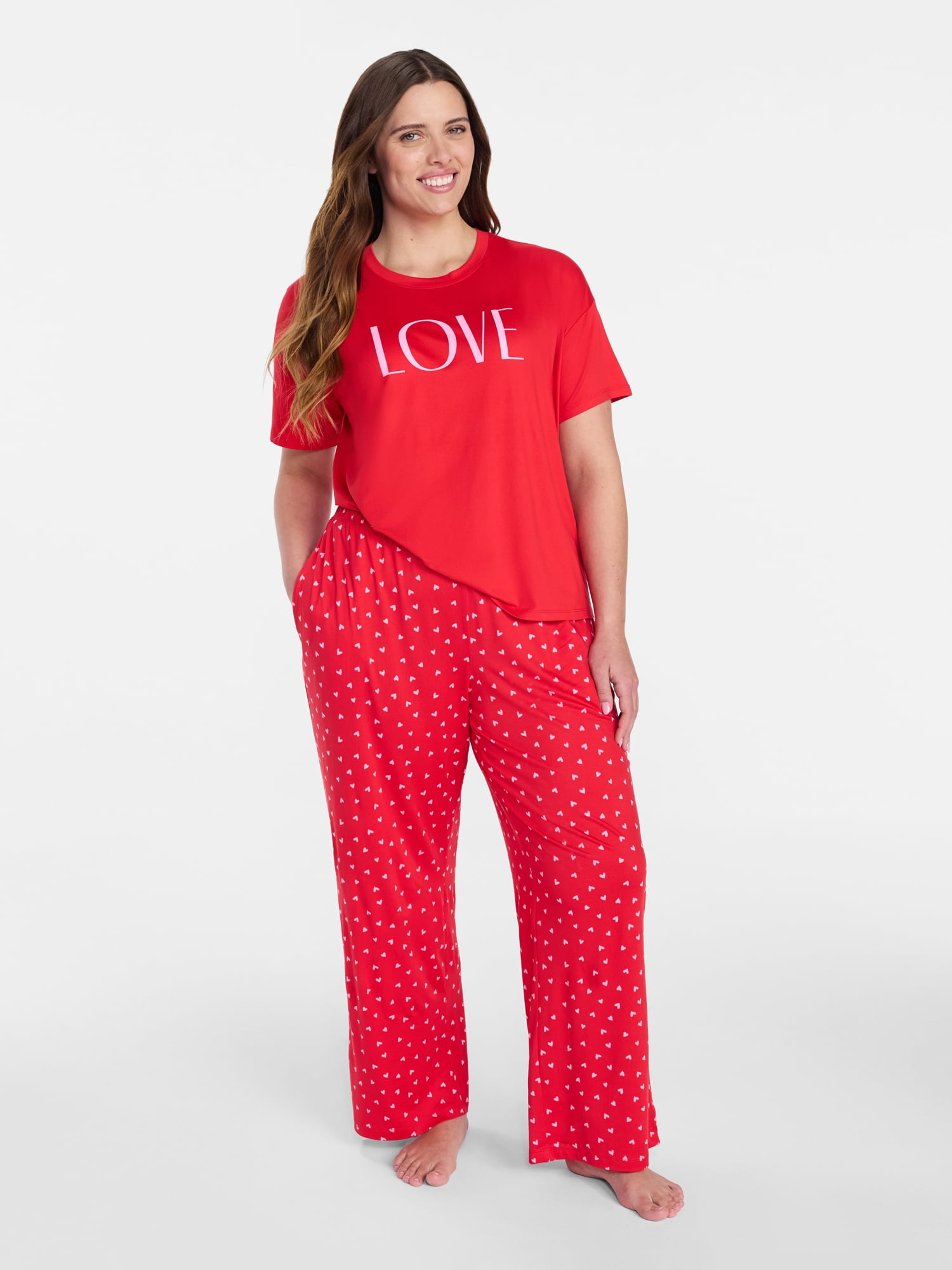Joyspun Women's Dreamy Soft Collection Short Sleeve Sleep Top and Open Leg Pants Valentine's Day Pajama Set, 2-Piece, Sizes XS-3X