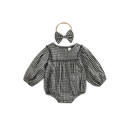 

ZAXARRA Baby Girl’s Long Sleeve Romper Headband Fashion Plaid Printed Round Neck Stitching Bodysuit