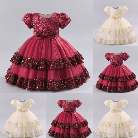 Pounoo New Dresses For Kids Flossy Print Short Sleeve Flower Girl Dresses Round Neck Long Dress Lace Bowknot Stretchable Dresses For Girls 10-12