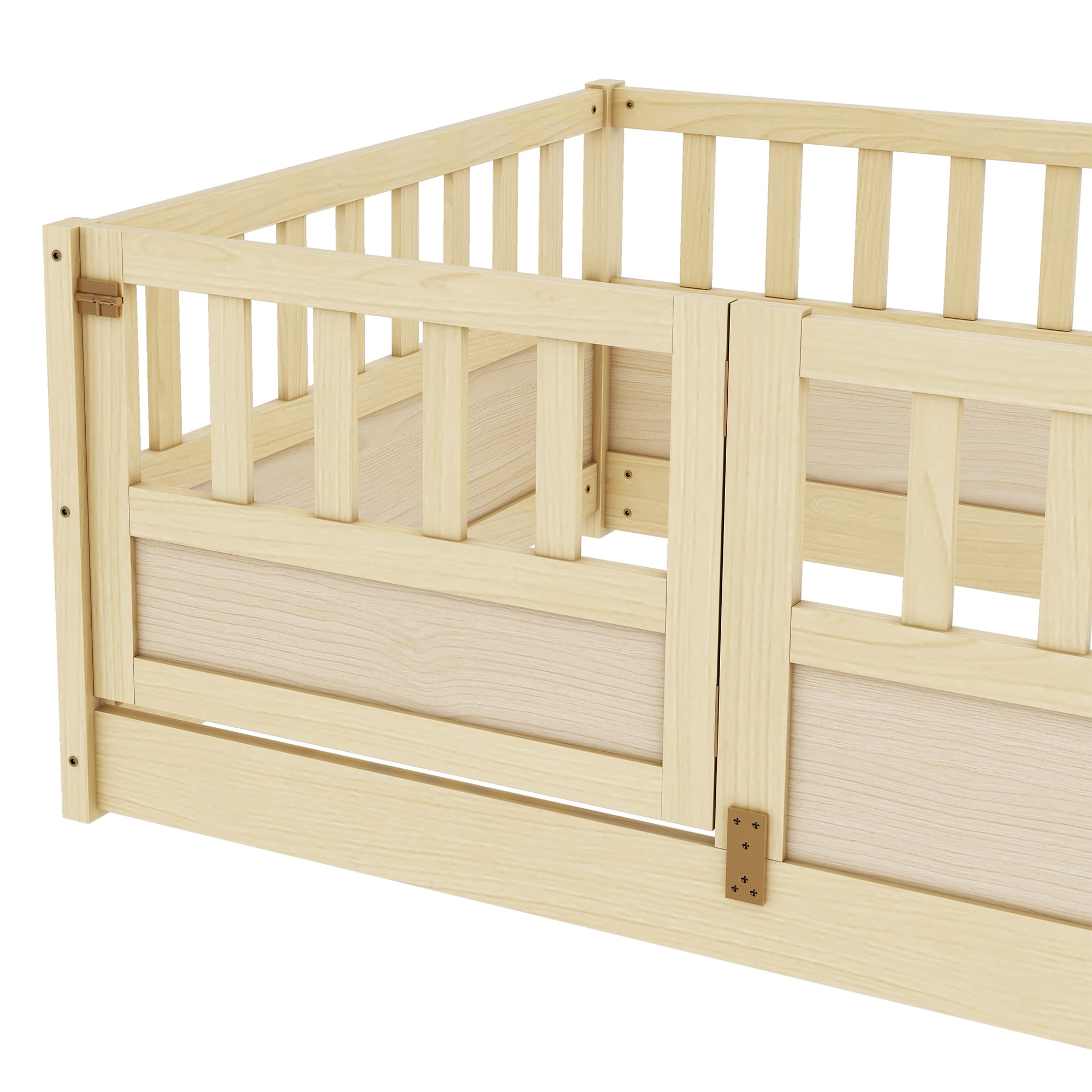 Floor Bed, Low-Profile Bed Frame, Twin Size Bed with Integrated High Safety Barrier and Door, Solid Pine Wood Construction, for Home Use, Natural Wood