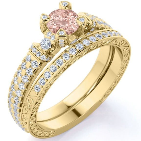JeenMata Elegant 1.75 ct - Natural Round Pink Champagne created morganite-Edwardian Engagement Ring - Vintage Wedding Set - 18K Yellow Gold over Silver