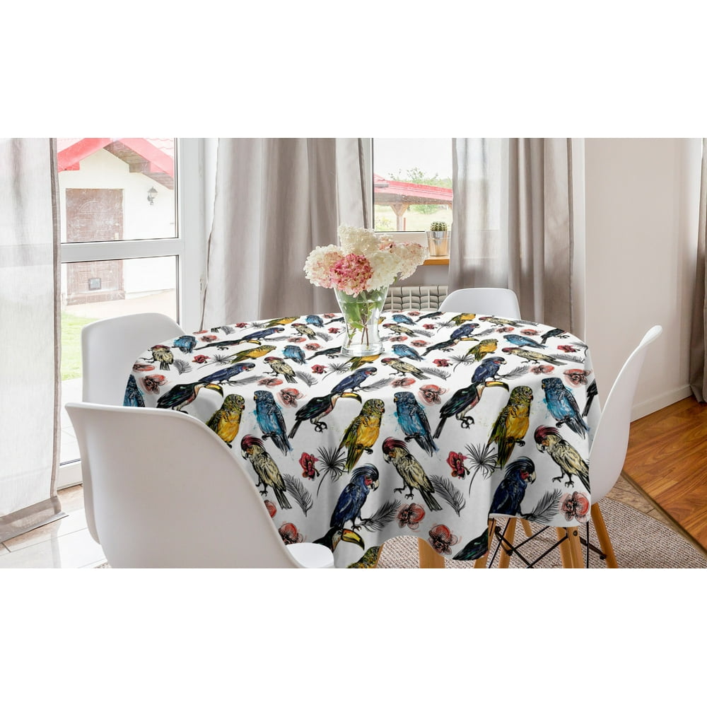 Bird Round Tablecloth, Sketchy Painted Like Artwork of Repetitive