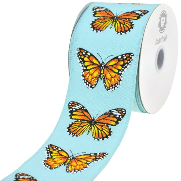 HOMEFORD Spring Monarch Butterfly Faux Linen Wired Ribbon, 2-1/2-inch, 10-yard, Aqua